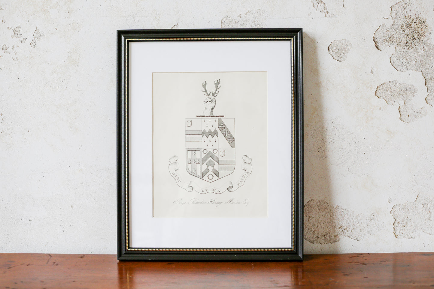 19th Century Coat of Arms of George Marton, Esq., Capernwray Hall | Contemporary Black and Gilt Frame