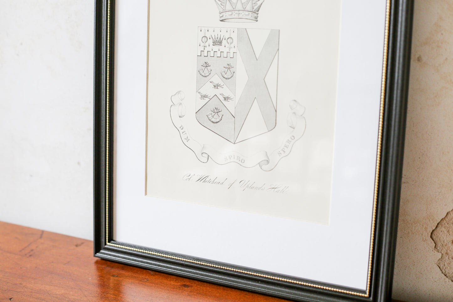 19th Century Coat of Arms of Col. Whitehead, Uplands Hall, Lancashire | Contemporary Black and Gilt Frame