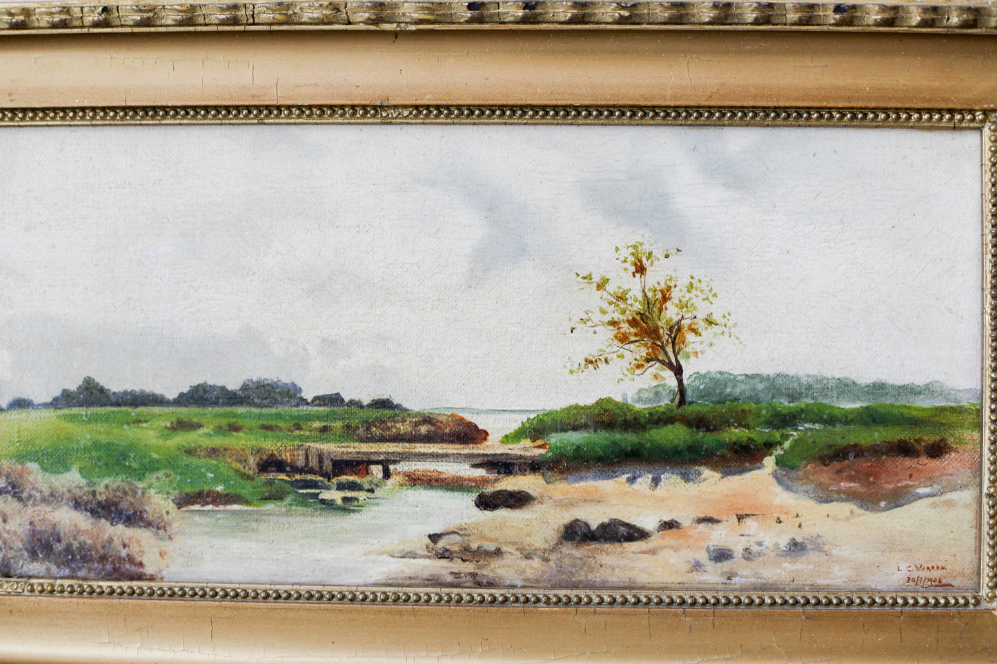 Antique 1904 Landscape Oil Painting on Canvas, Signed L.C. Warren, in Gilt Frame