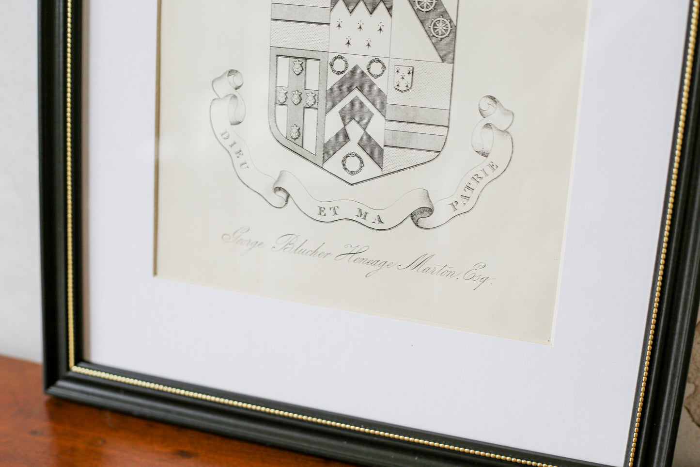 19th Century Coat of Arms of George Marton, Esq., Capernwray Hall | Contemporary Black and Gilt Frame