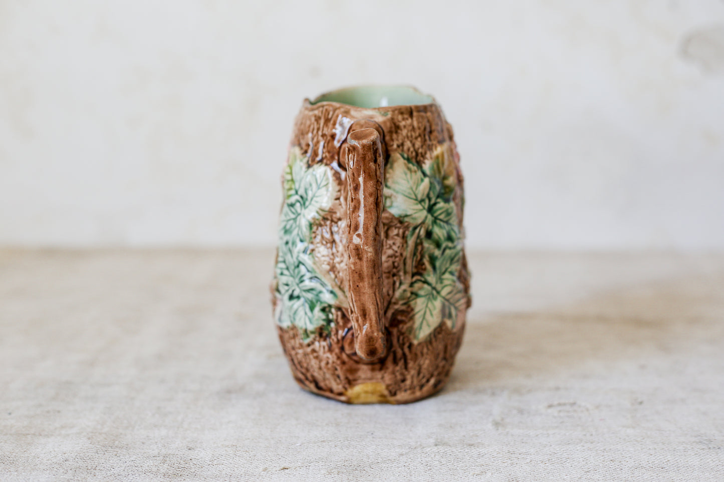 Antique Bramble & Bark Floral Majolica Jug, c1880