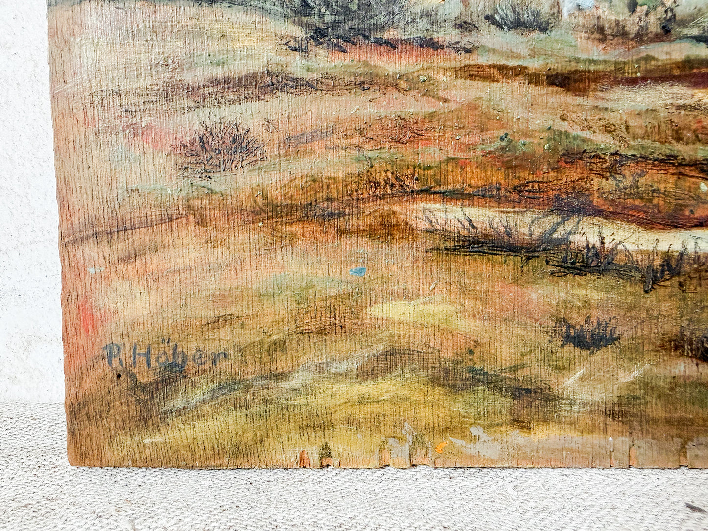 "Spring Mood in the Moor" German Painting on Wood Panel, Signed by R. Hober