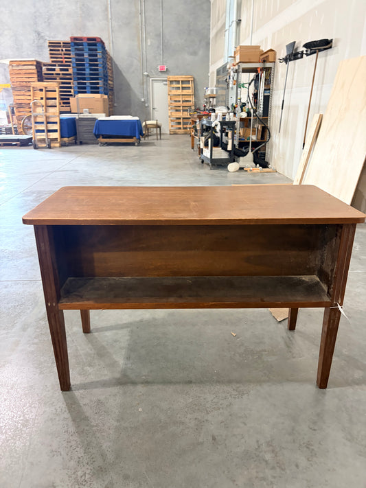 Midcentury console table with shelves under top and reeded legs