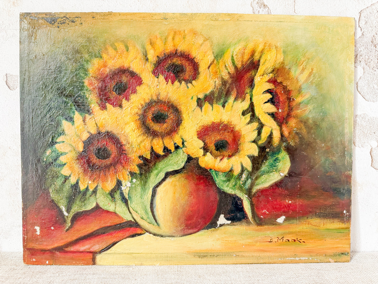 Unframed Oil Painting of Sunflowers in Vase, Signed B. Maak