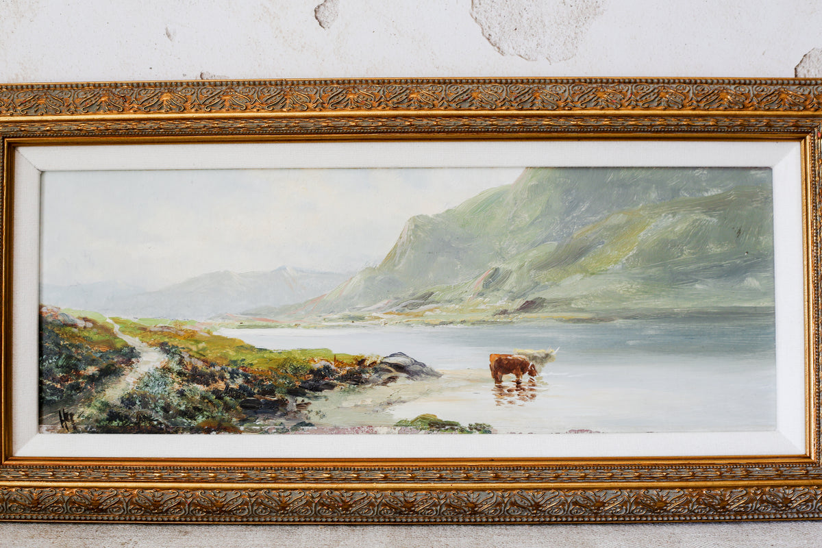 Antique Scottish Highlands with Cows Landscape Painting (c1890) in Custom Ornate Gilt Frame