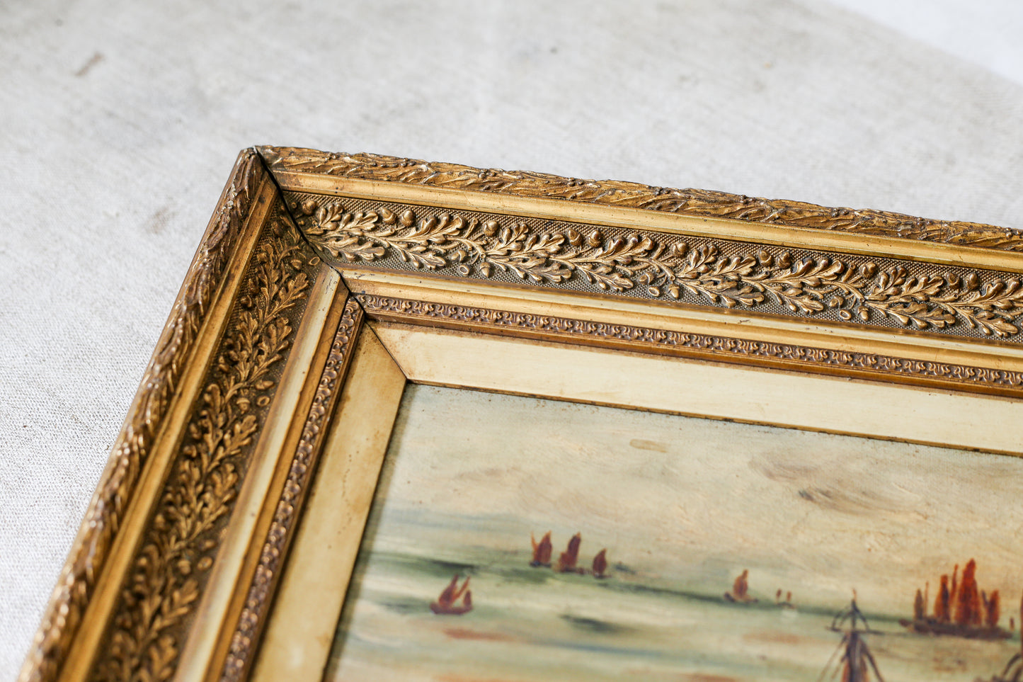 Antique British Coastal Scene Oil Painting in Gilt Wood Frame, c1900
