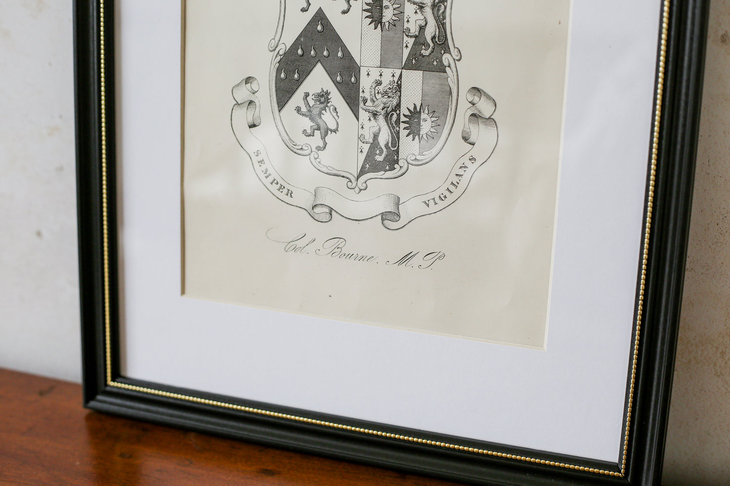 19th Century Coat of Arms of Bourne of Hackinsall | Contemporary Black and Gilt Frame