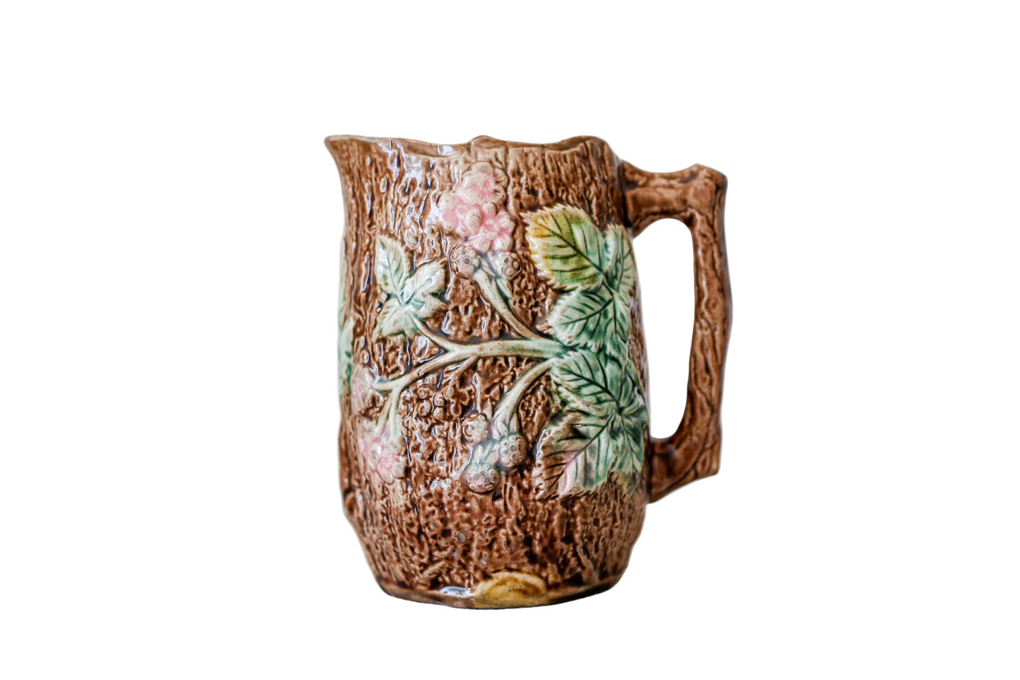 Antique Bramble & Bark Floral Majolica Jug, c1880