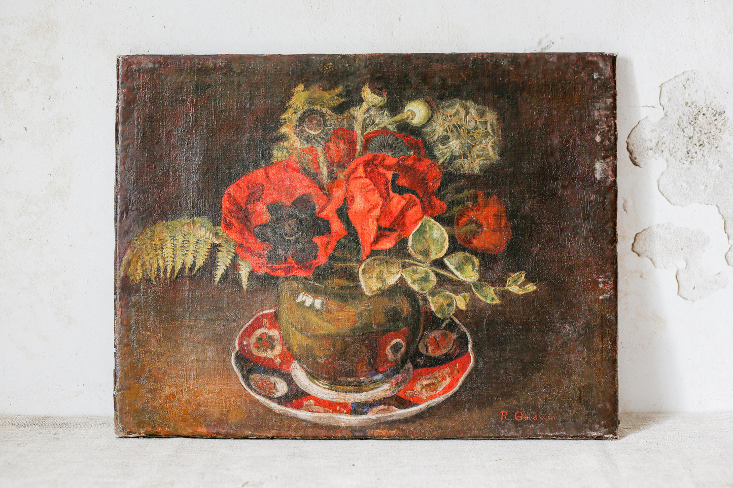 Antique Still Life of Poppies in Vase, Signed by R. Goodwin, ESK, c1890