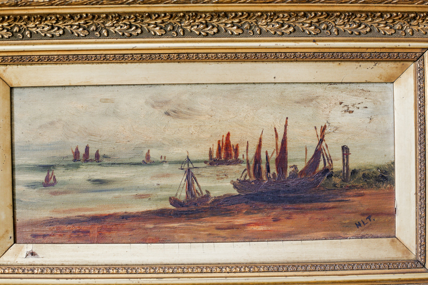 Antique British Coastal Scene Oil Painting in Gilt Wood Frame, c1900