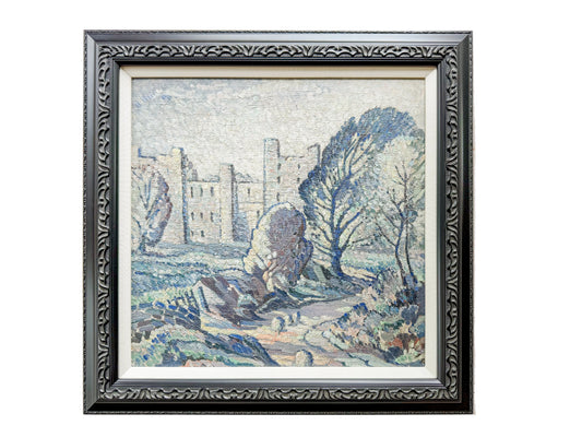 Early 20th-Century Post-Impressionist Landscape Oil Painting in Custom Black and Linen Frame