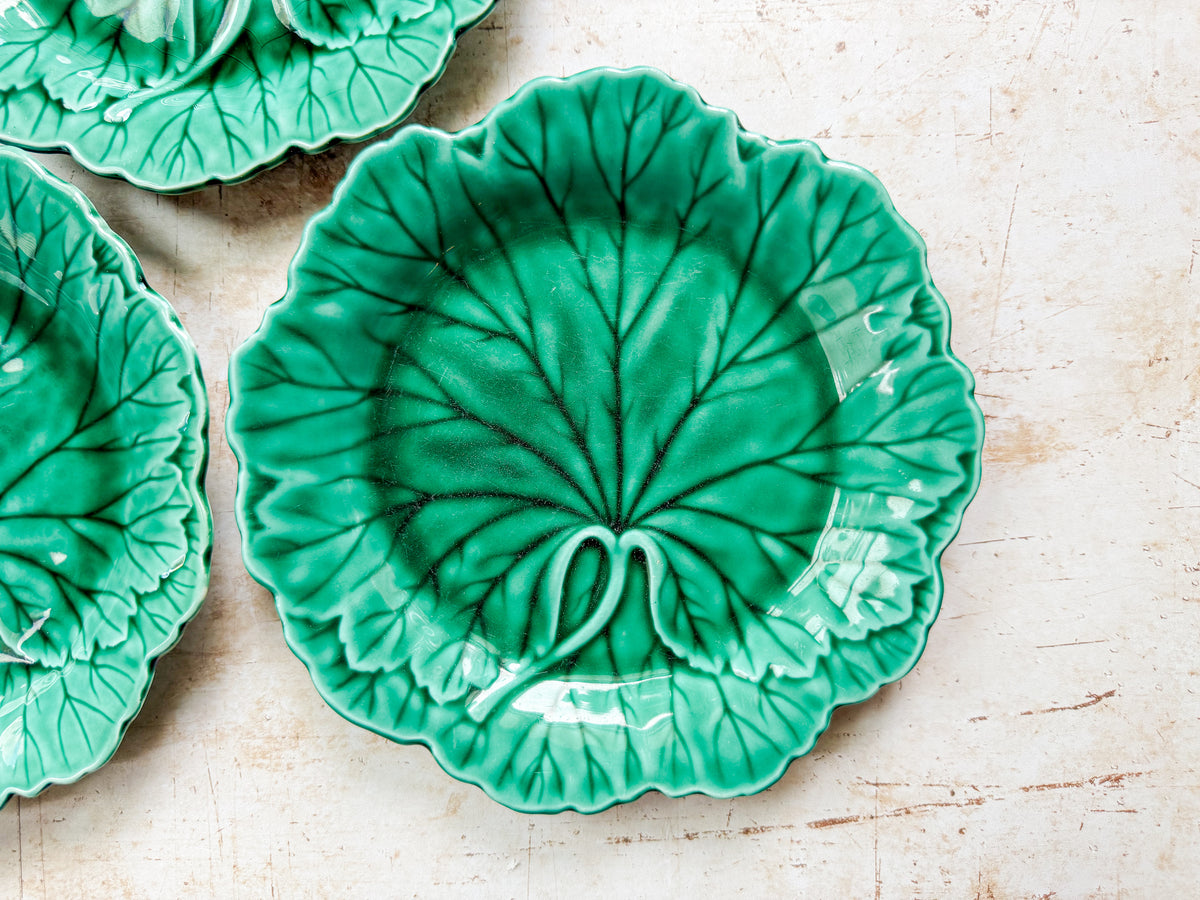 Vintage Wedgwood Cabbage Leaf Plates - Set of 3 Green Majolica Dessert Plates, c. 1940s-1950s
