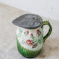 Antique Green & Pink Floral Majolica Jug with Pewter Lid