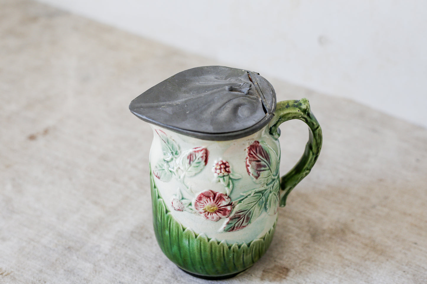 Antique Green & Pink Floral Majolica Jug with Pewter Lid