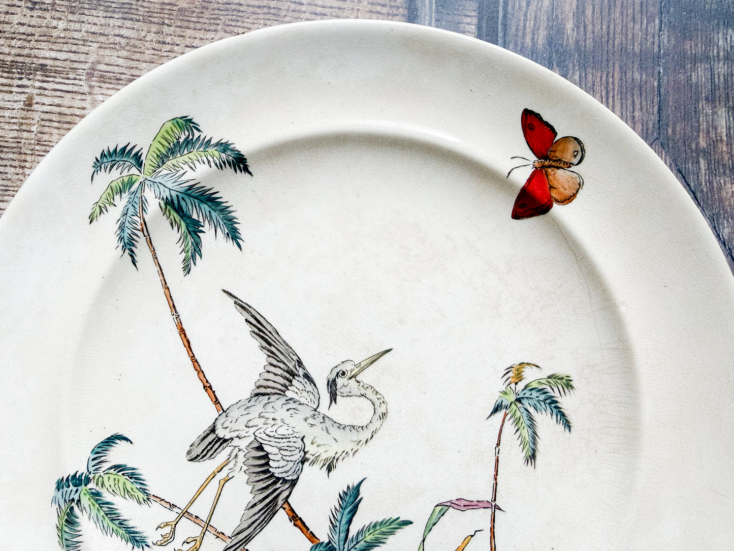 Set of 2 Copeland Palms & Egret Ironstone Polychrome 10" Dinner Plates, c1870