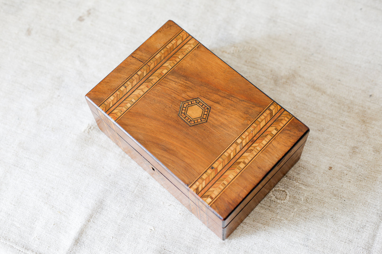 Antique Small Parquetry Chevron Inlaid Tunbridge-Style Stationery Box, c. 1870