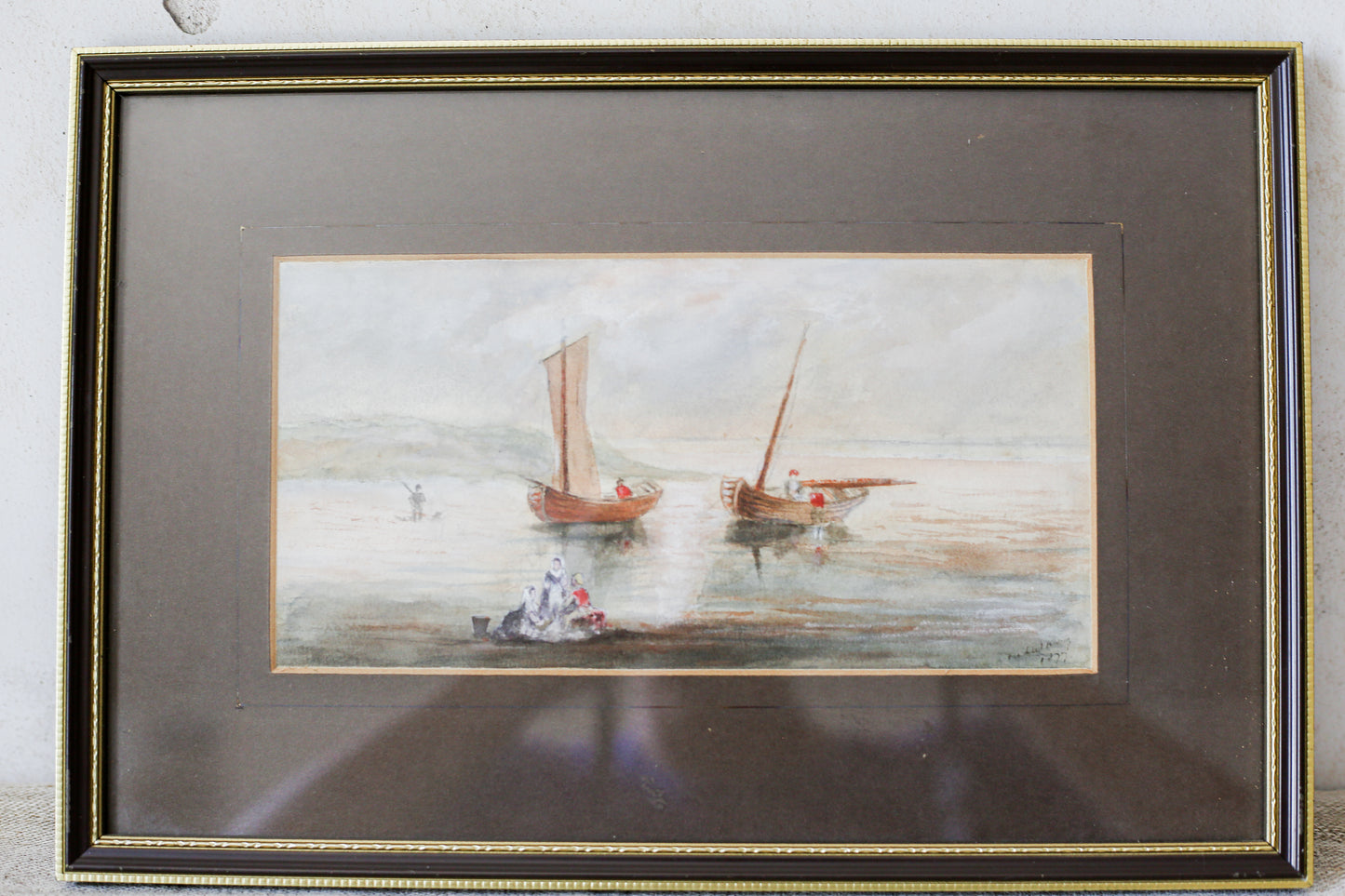 Antique 1877 Maritime Fishing Scene Watercolor Painting