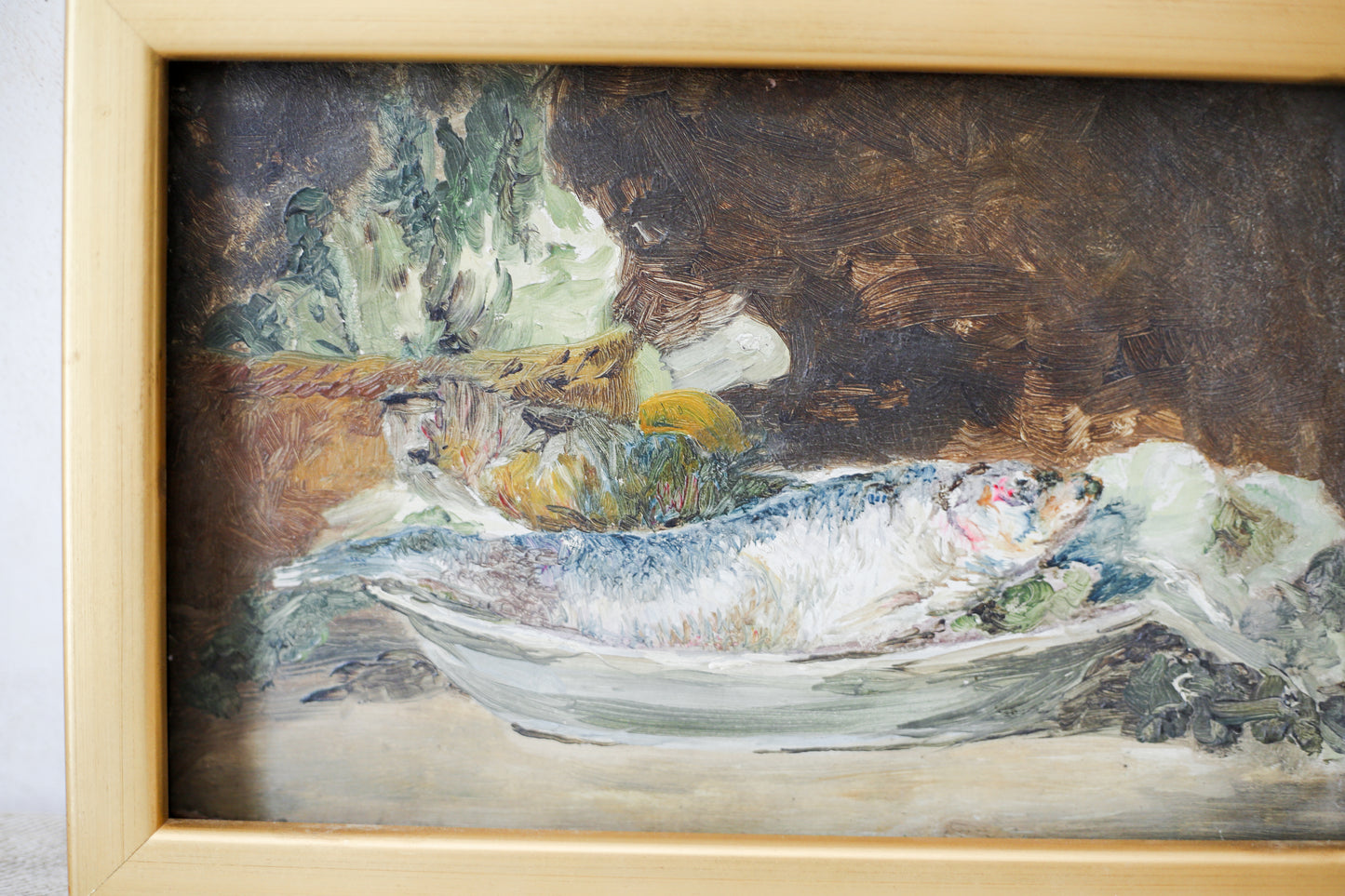 Still Life of Fish Framed Oil Painting on Board