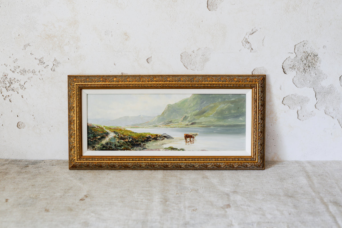 Antique Scottish Highlands with Cows Landscape Painting (c1890) in Custom Ornate Gilt Frame
