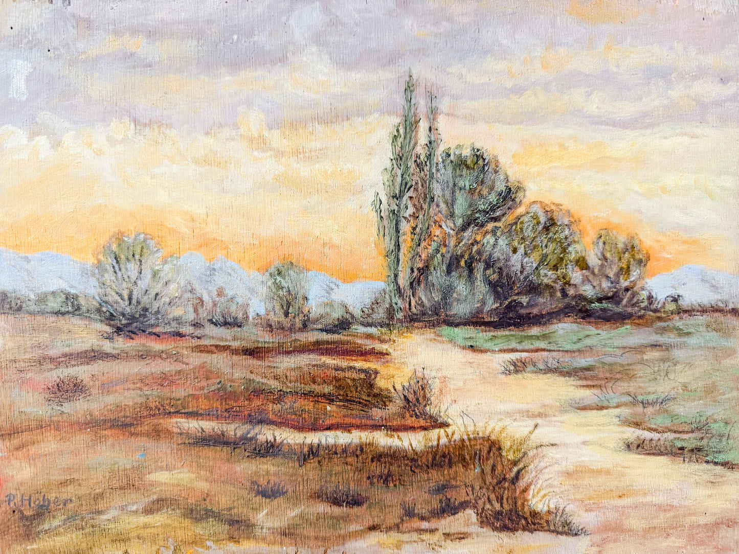 "Spring Mood in the Moor" German Painting on Wood Panel, Signed by R. Hober
