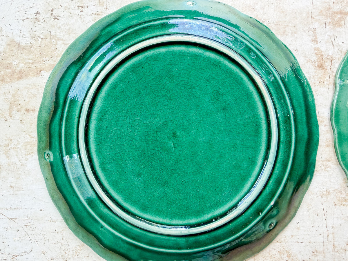 Set of 2 Antique Cabbage Leaf on Basket Greenware Majolica Plates