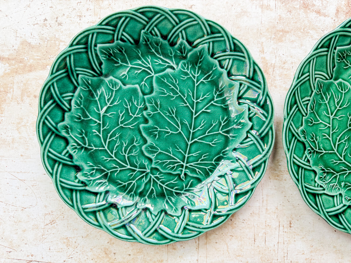Set of 2 Antique Cabbage Leaf on Basket Greenware Majolica Plates