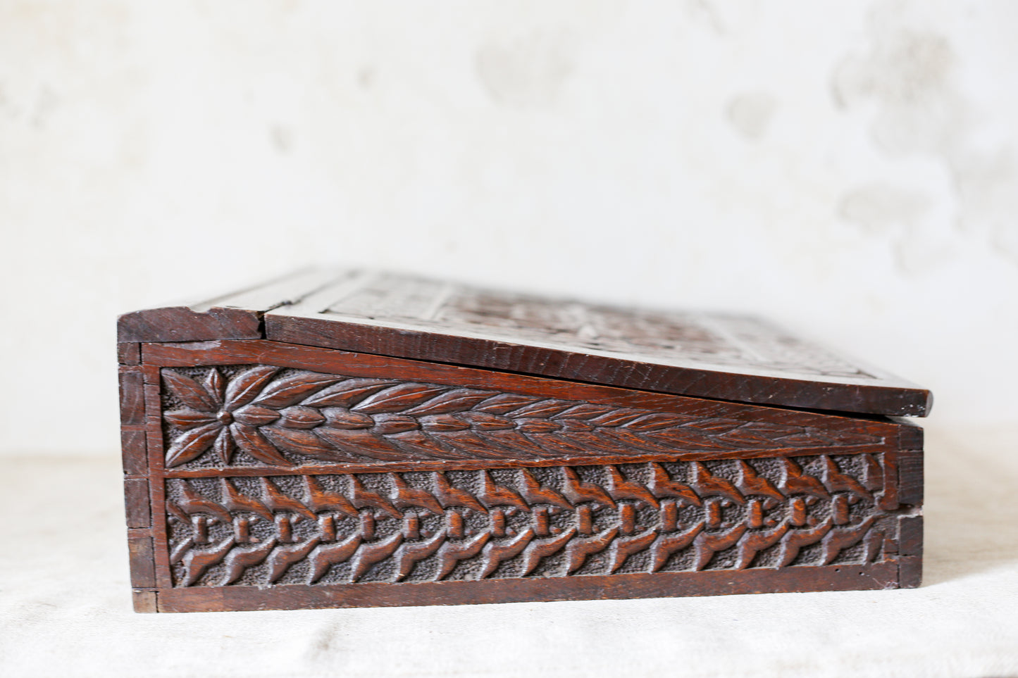 1892 Carved Wood Sloped Desk Box with "JM" Initials