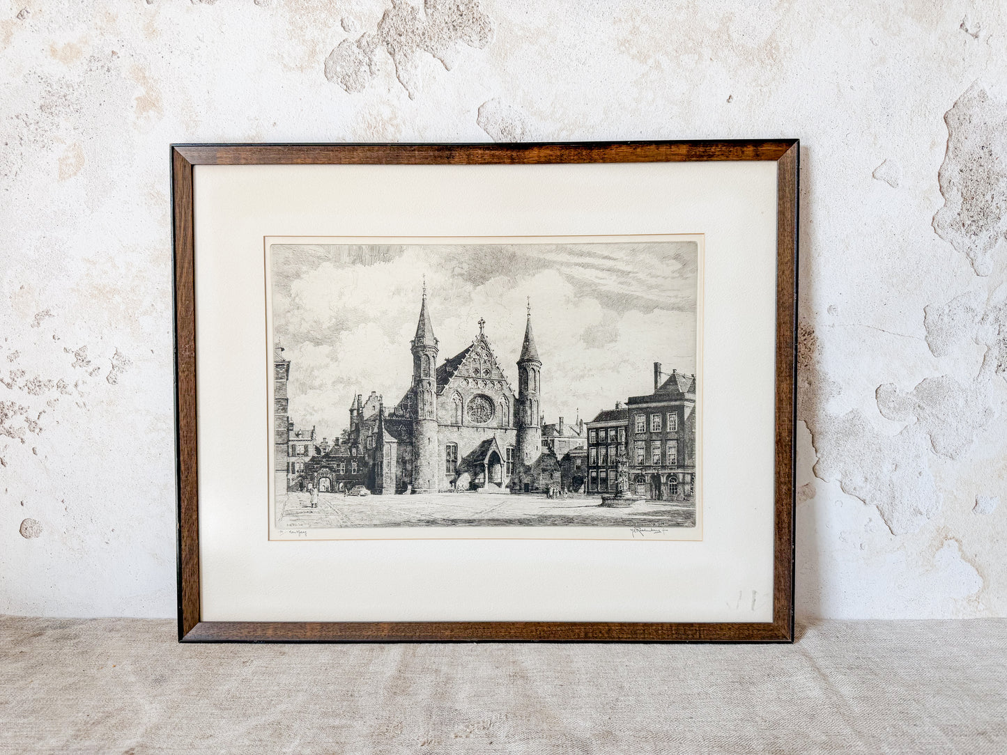 Framed Signed Dry Etching of the Hague by Roodenburg, 1954