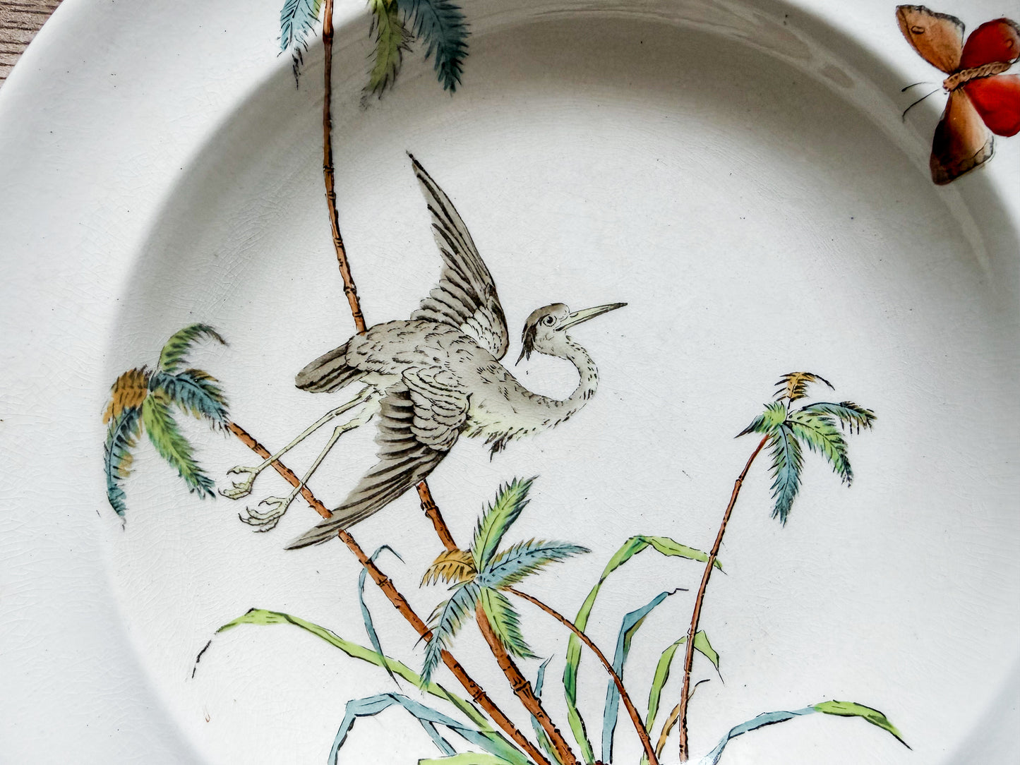 Copeland Palms & Egret Polychrome Ironstone Soup Bowl, c1870
