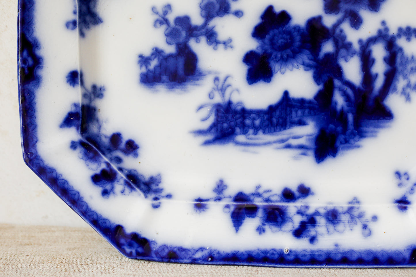 Antique Flow Blue Ironstone 15" Platter – "Indian" Pattern (c. 1850)