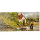 Miniature Painting on Pine of Docked Boat Near Cottage