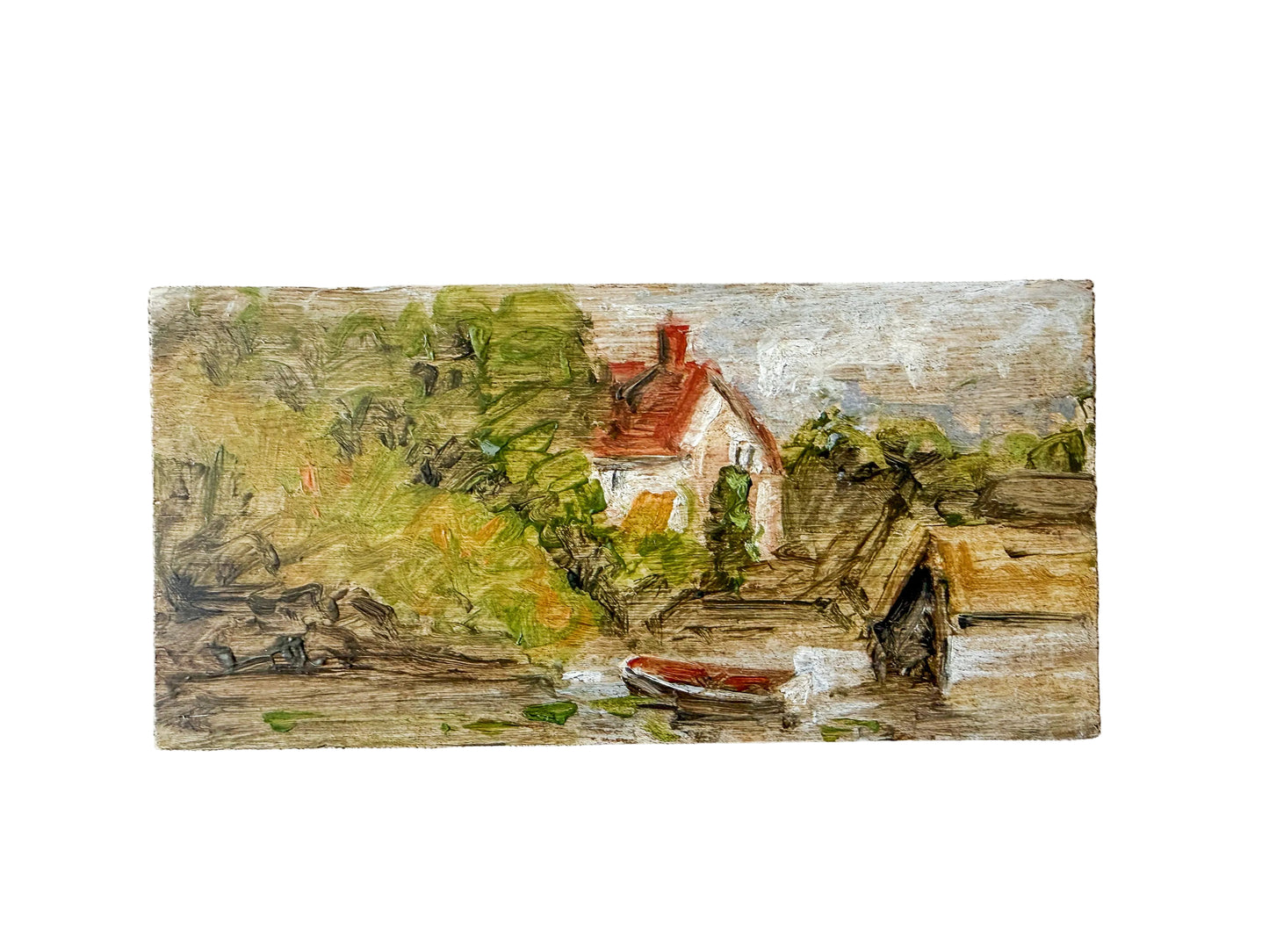 Miniature Painting on Pine of Docked Boat Near Cottage