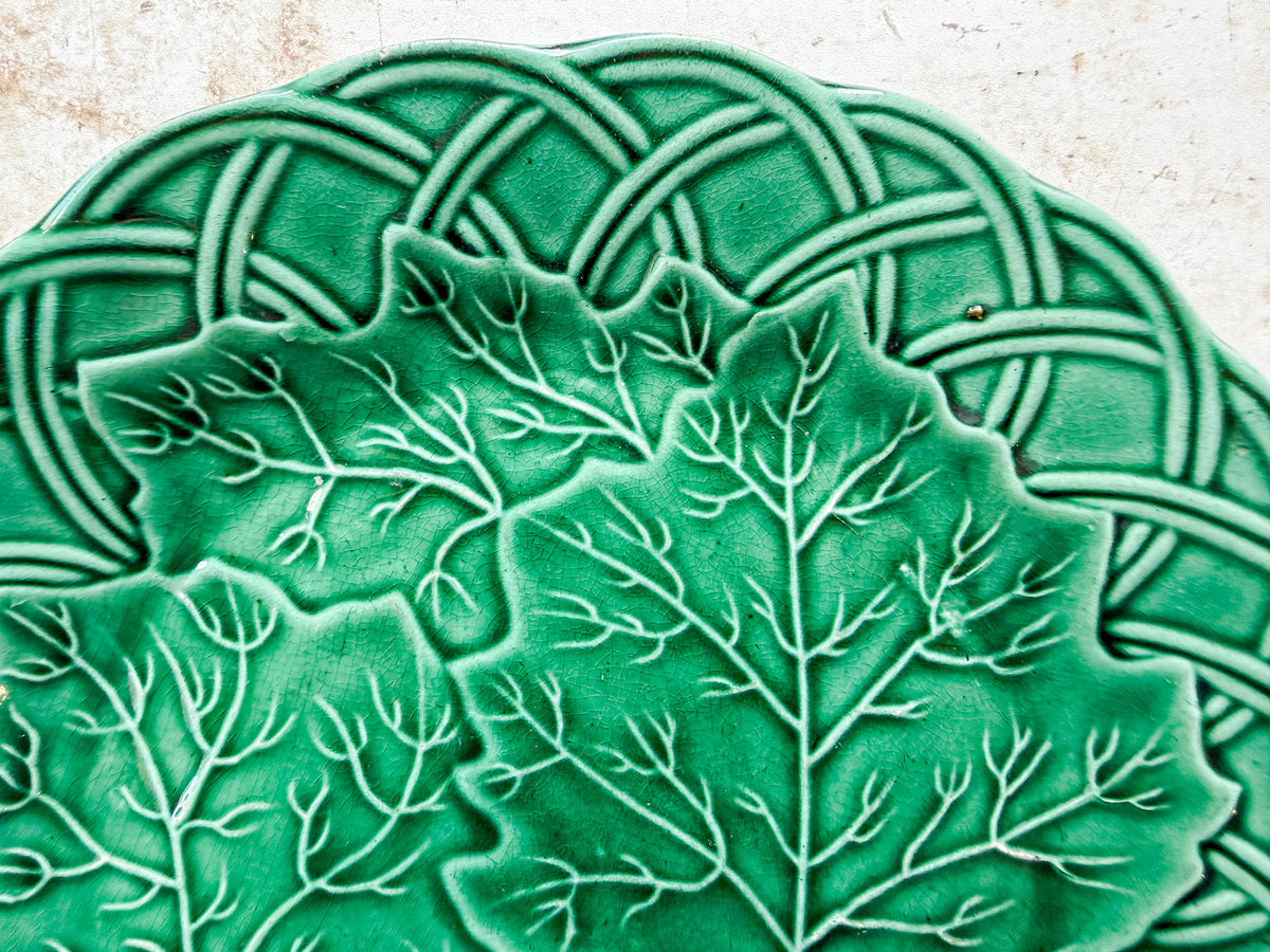 Set of 2 Antique Cabbage Leaf on Basket Greenware Majolica Plates