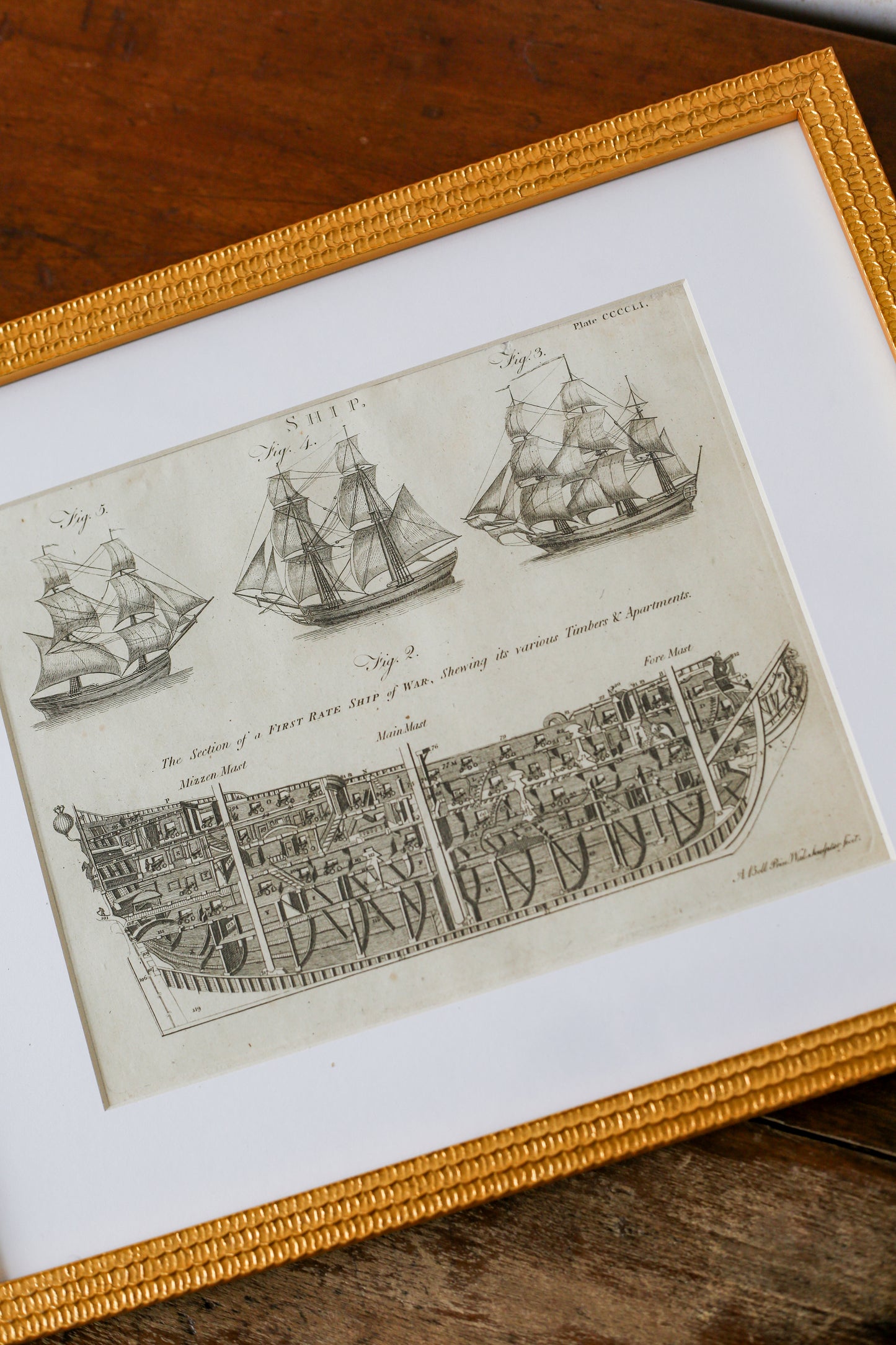 18th Century Copper Plate Engraving Cross-Section of Ship of War | Contemporary Textured Gilt Frame