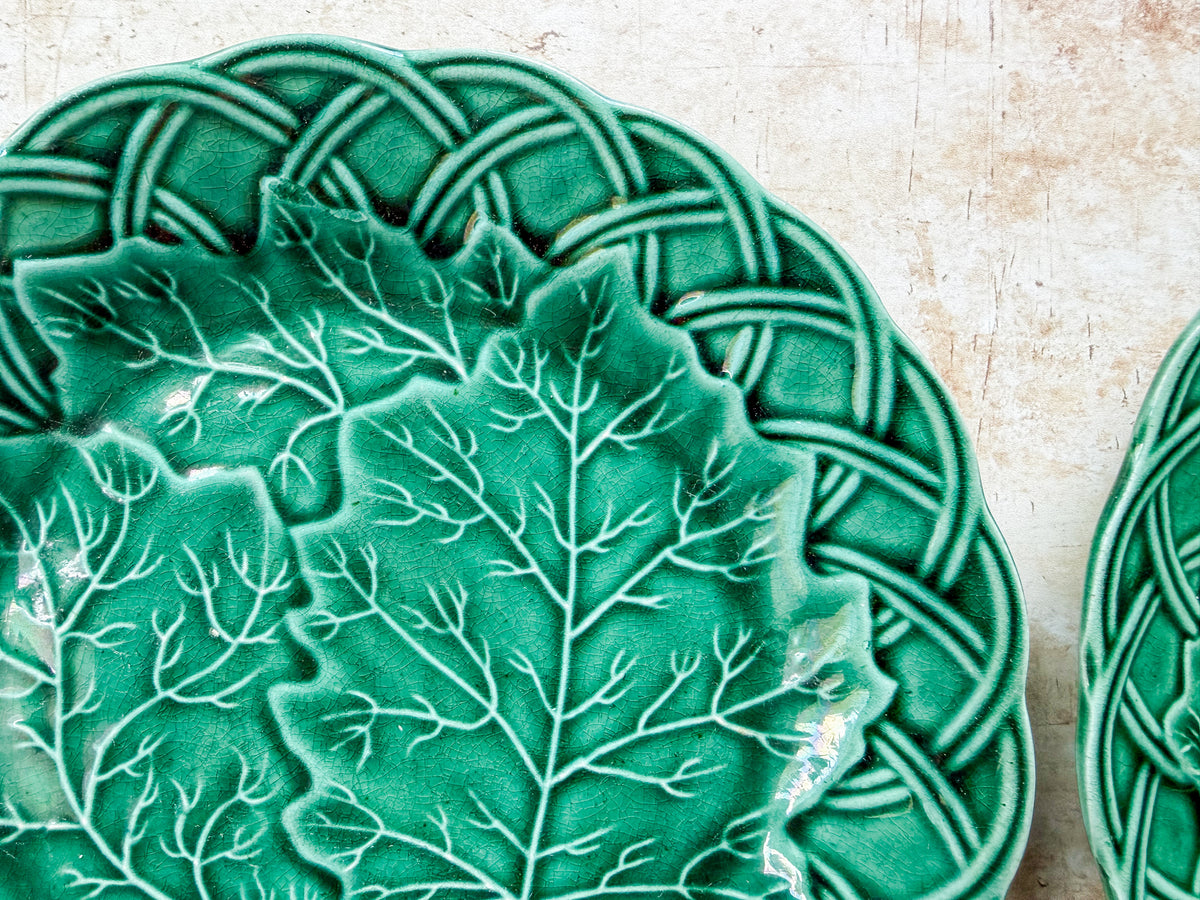 Set of 2 Antique Cabbage Leaf on Basket Greenware Majolica Plates