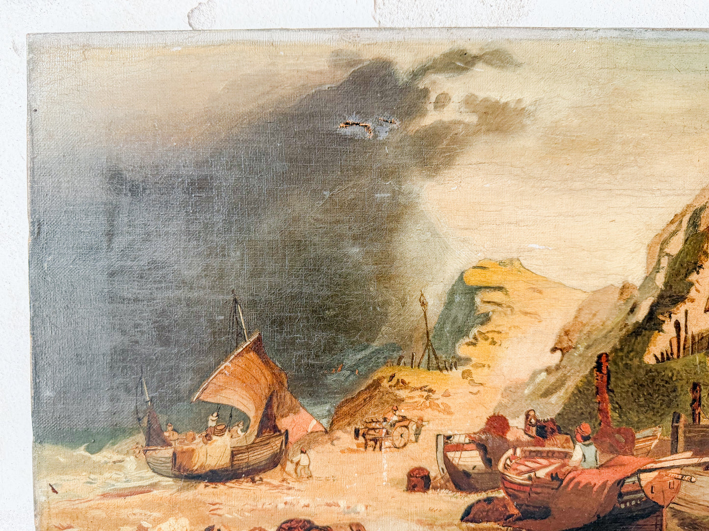 Antique Moody Coastal Scene with Fishing Boats, c1900