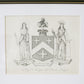 Framed artwork with a crest and two figures on a white background