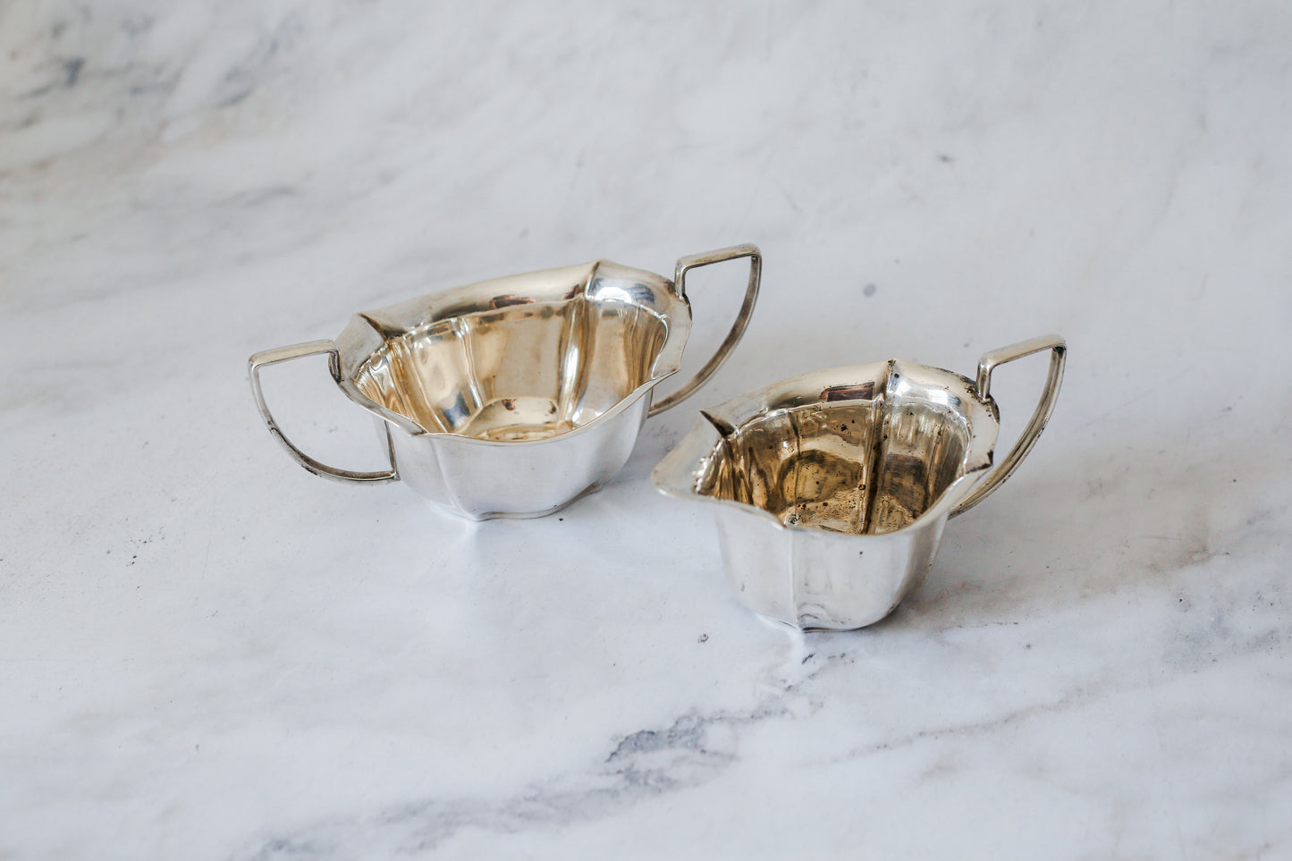 Antique Art Deco Harrison Fisher & Co Silverplate Sugar Bowl & Creamer Set, c1920