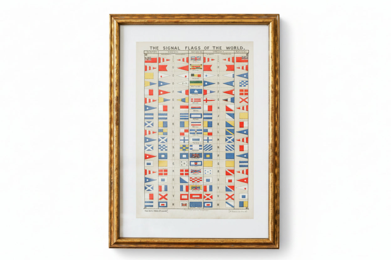 Framed chart of international signal flags on a textured wall.