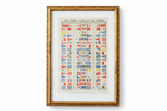 Framed chart of international signal flags on a textured wall.