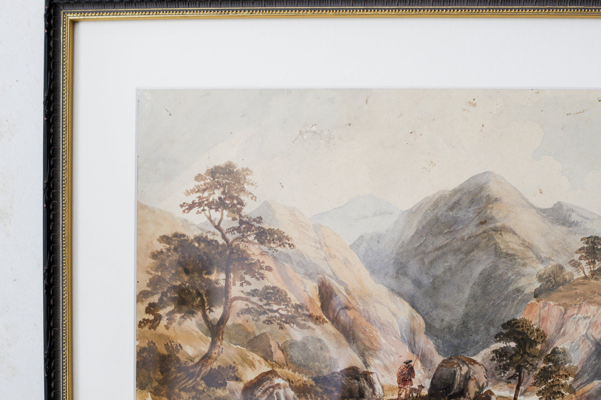 Antique Watercolor of Scottish Highlander and Mountains (c1880) in Custom Ornate Black and Gold Frame