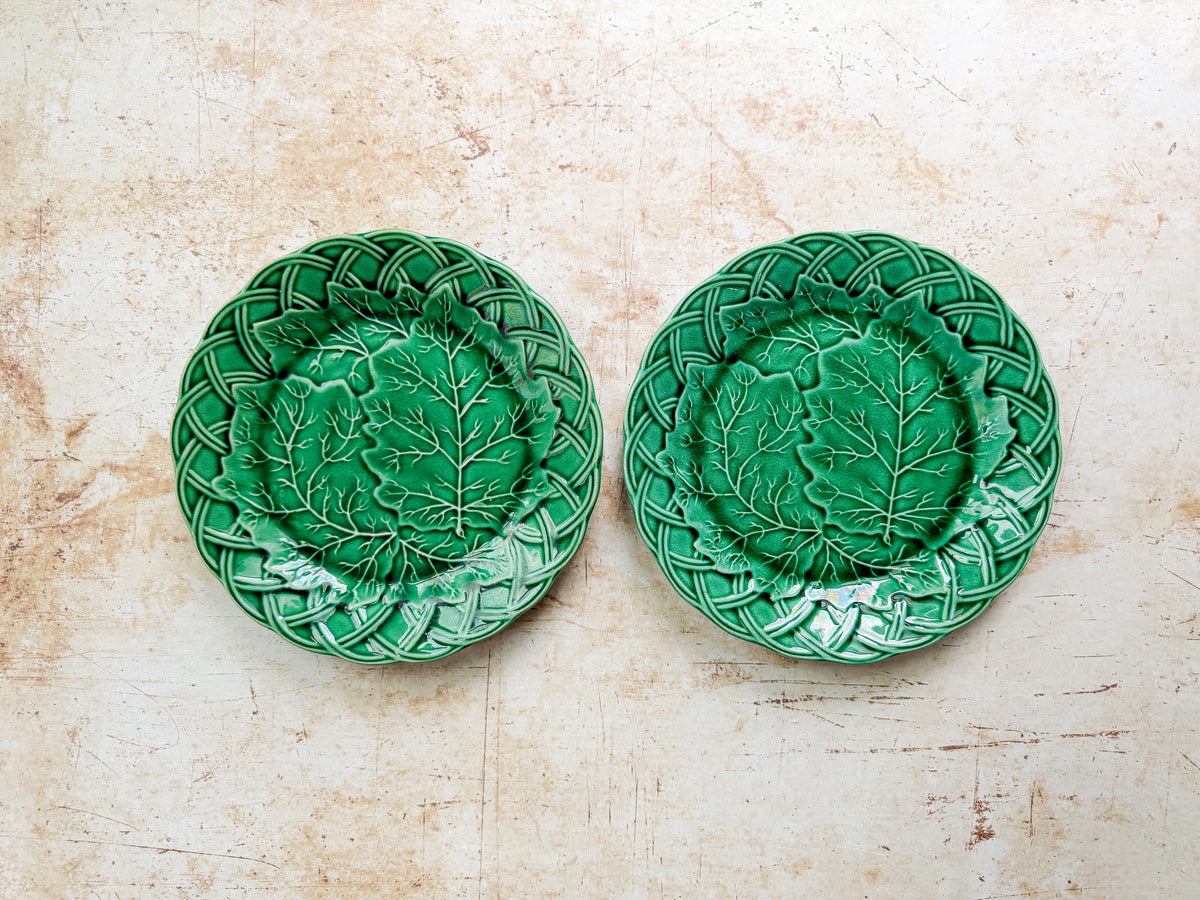 Set of 2 Antique Cabbage Leaf on Basket Greenware Majolica Plates by Edge Malkin & Co.