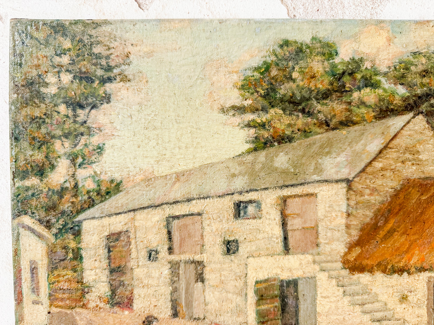 Unframed English Farmyard Scene with Woman Feeding Chickens, c1930
