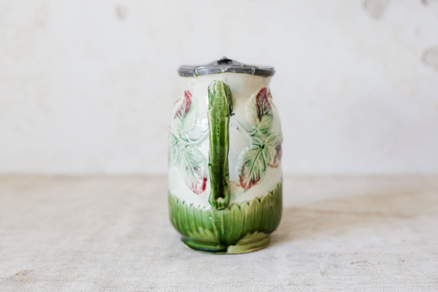 Antique Green & Pink Floral Majolica Jug with Pewter Lid