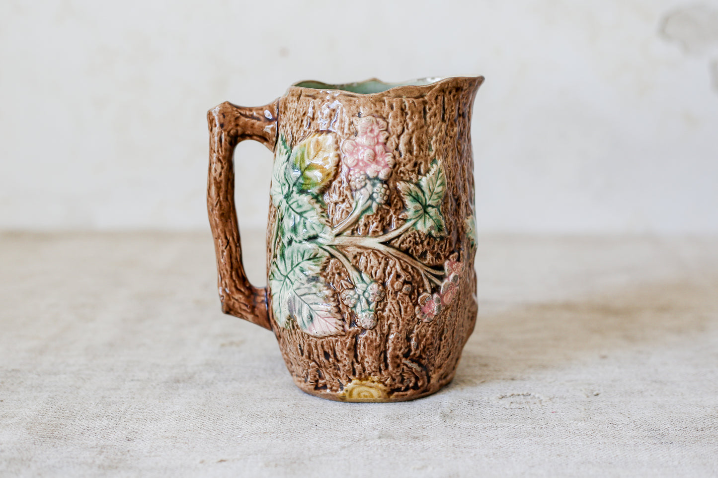 Antique Bramble & Bark Floral Majolica Jug, c1880
