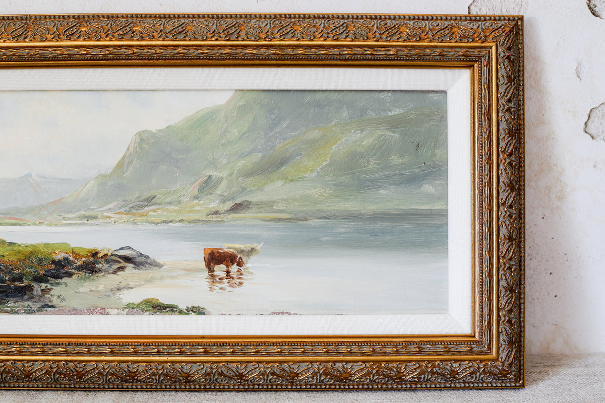 Antique Scottish Highlands with Cows Landscape Painting (c1890) in Custom Ornate Gilt Frame