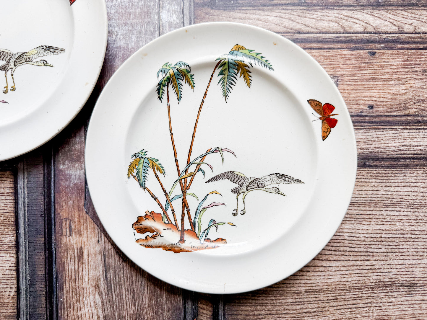 Set of 2 Copeland Palms & Egret Ironstone Polychrome 8.5" Salad Plates, c1870