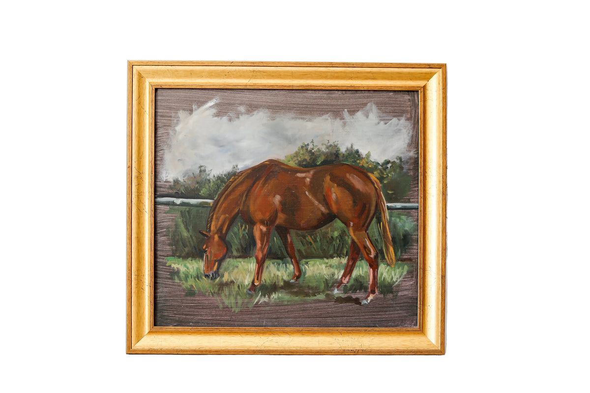 Original Painting of Chestnut Brown Horse Grazing, Attributed to Glynis Mills, in Custom Gold Frame