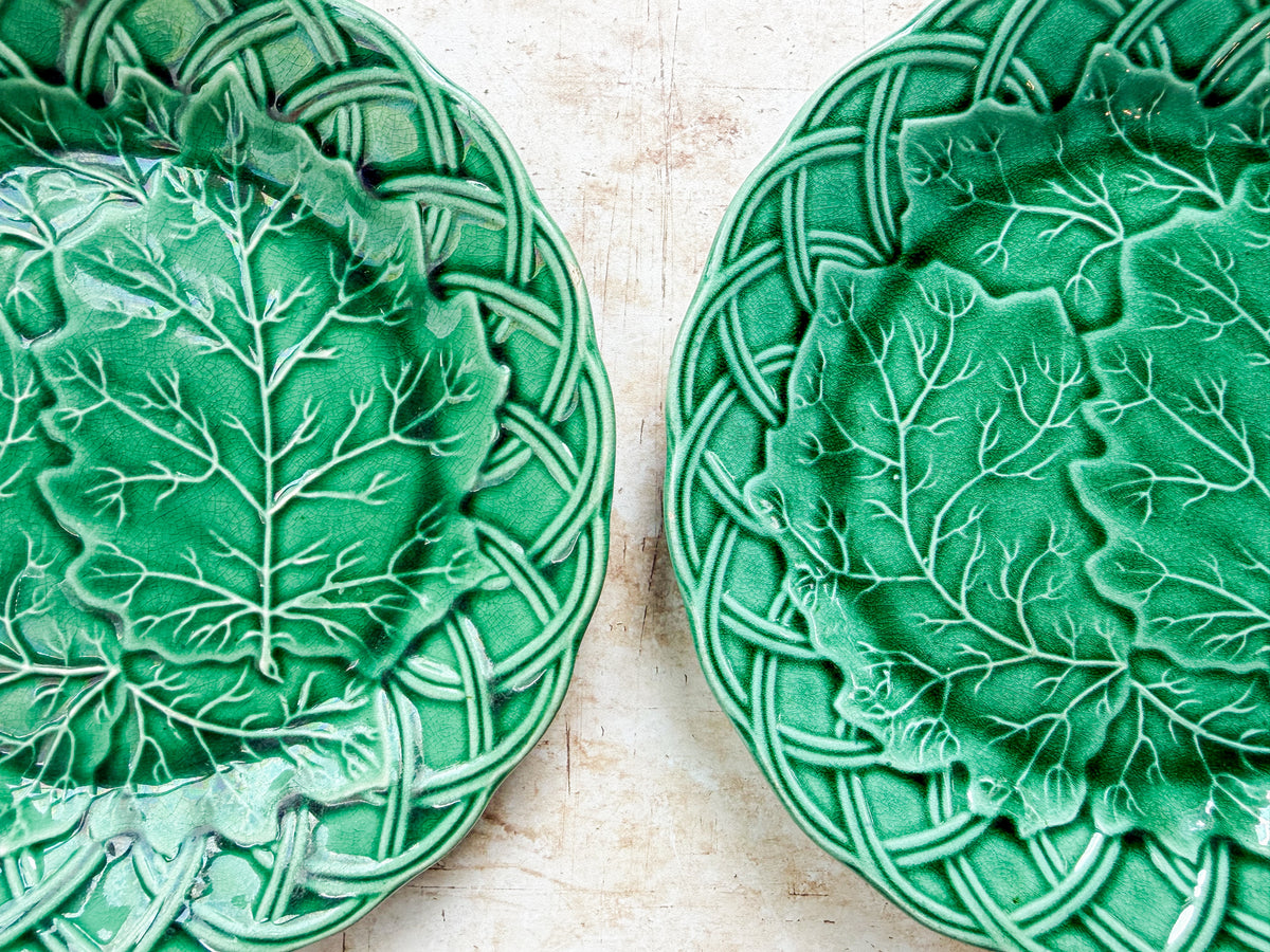 Set of 2 Antique Cabbage Leaf on Basket Greenware Majolica Plates by Edge Malkin & Co.