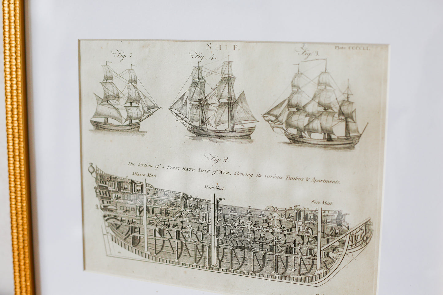18th Century Copper Plate Engraving Cross-Section of Ship of War | Contemporary Textured Gilt Frame